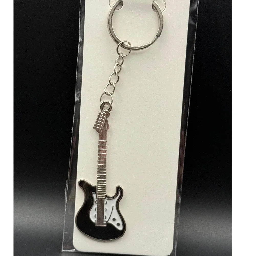 Electric Guitar Keychain Black White Stratocaster Style Musician Gift Accessory